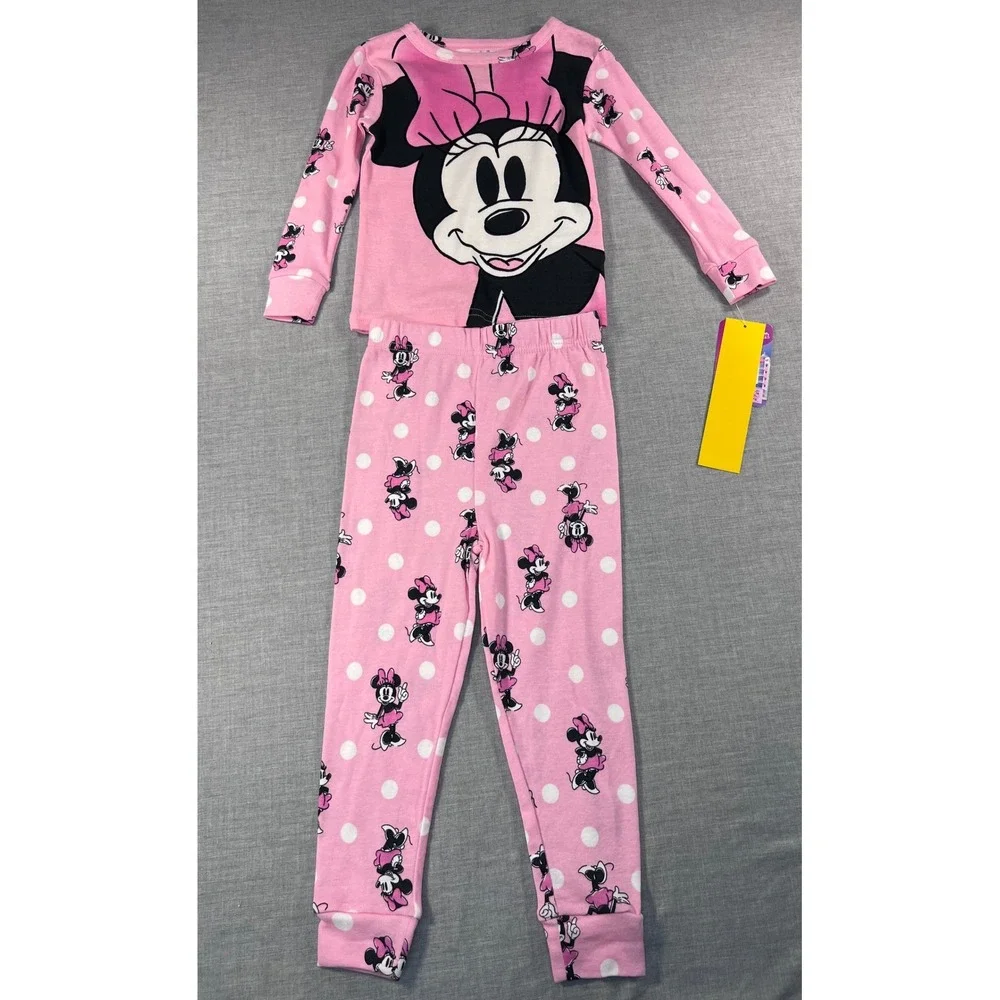 Disney Minnie Mouse Pink Polka Dot 2 Piece Cotton Pajama Set Toddler 4T NEW